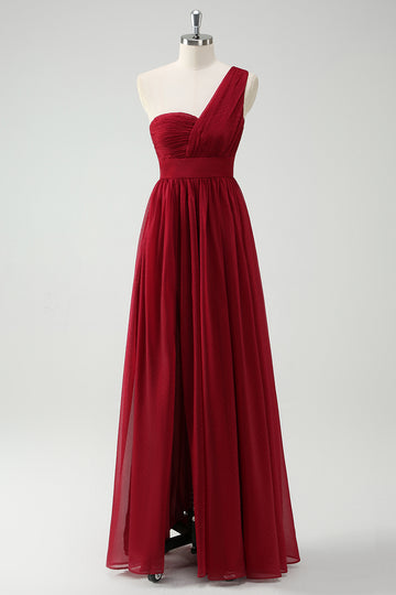 A-Line One Shoulder Ruched Burgundy Long Prom Dress with Slit